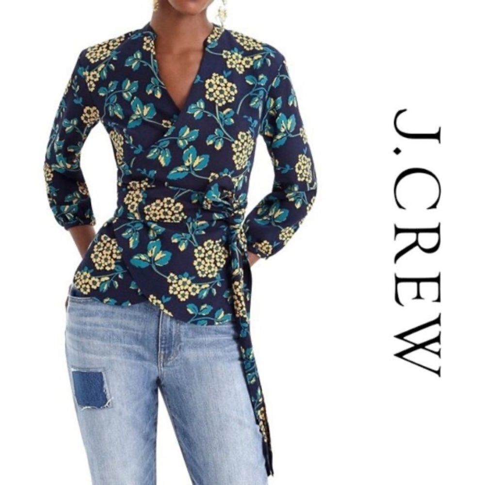 J. Crew Floral Draped Crepe Wrap Top Blue Yellow Flower Print Blouse Size Large
